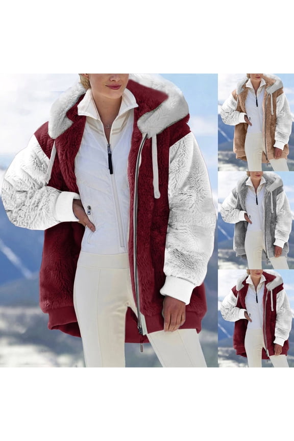 Trendy Hoodie Sweatshirt Jackets for Women Color Block Fuzzy Long Sleeve Fleece Sherpa Jacket Drawstring Full Zip Winter Hooded Coats Wine XXL