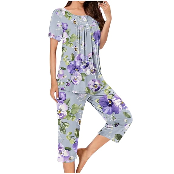 BiZtdJrK Two Piece Lounge Set for Women, Fashion Print Tee Tops Matching Cropped Pants Sleepwear Lounge Set Casual Button Pleated Tshirts and Capris Pjs Suits Purple L