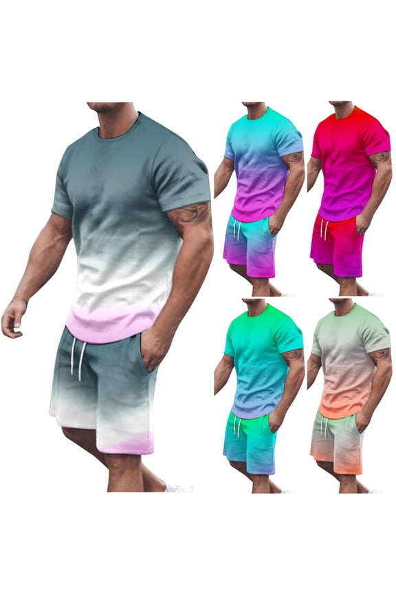 Two Piece Outfits for Men Short Sleeve Tshirts Matching Drawstring Beach Shorts with Pockets Tracksuits Fashion Gradient Print Big and Tall Jogger Sets Warehouse Sales Today Mint Green 3XL