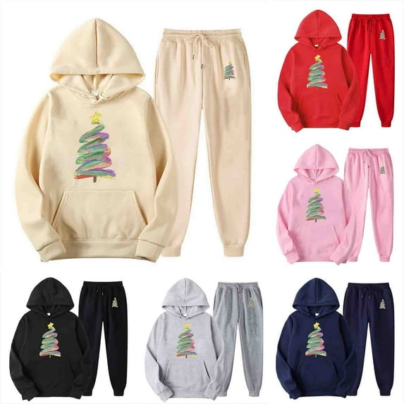 BiZtdJrK Two Piece Outfits for Women Sweatsuits Christmas Tree Print Long Sleeve Pullover Hoodies Matching Drawstring Sweatpants Jogger Sets Prime Sales Today Clearance Red M