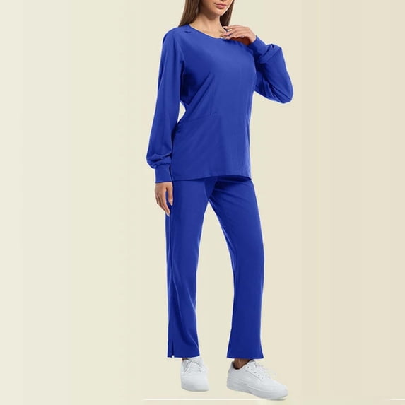 BiZtdJrK Two Piece Scrubs Sets for Women's Stretch Long Sleeve Scrubs Top and Straight Leg Scrubs Pants Sets with Pockets Blue,L