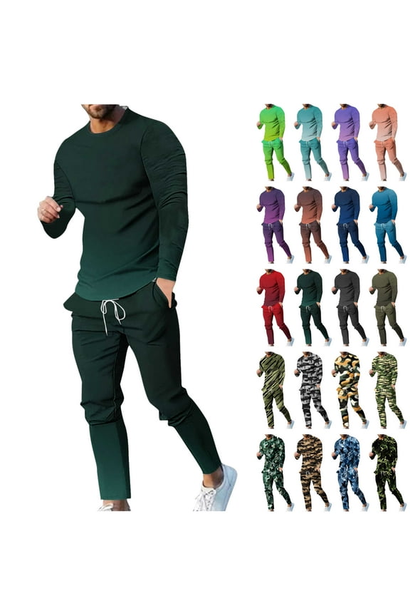 Two Piece Sets for Men Big and Tall Tee Shirt and Drawstring Sweatpants Tracksuits Gradient Print Long Sleeve Crewneck Tops Pants Outfits with Pockets Lightning Sales Green XL