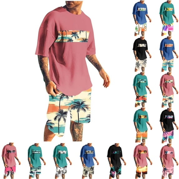 BiZtdJrK Two Piece Sets for Men Casual Cotton Basic Tees Shirts and Elastic Waist Shorts Jogger Suits Fashion Tropical Print Summer Big and Tall Tracksuits Pink XXXXL Vacation Sale