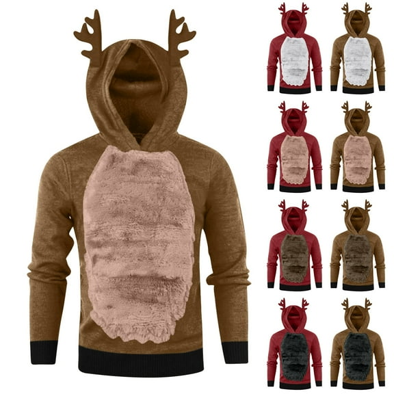 BiZtdJrK Unisex Juniors Christmas Reindeer Sherpa Hoodie with Ear Mens Womens Xmas Ugly Funny Costumes for Cosplay Party, Dark Gray, XXXL