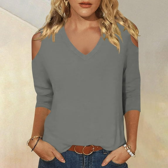 BiZtdJrK V Neck 3/4 Sleeve Tops for Women Loose Cold Shoulder Blouse Lightweight Going Out T Shirts Deal Of The Day Gray XL