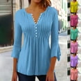thumbnail image 1 of BiZtdJrK V Neck Button Up Top for Women Pleated Front 3/4 Bell Sleeve Casual Tunics Loose Fit Business Work Tunic Tops Birthday Gift Purple XL, 1 of 6