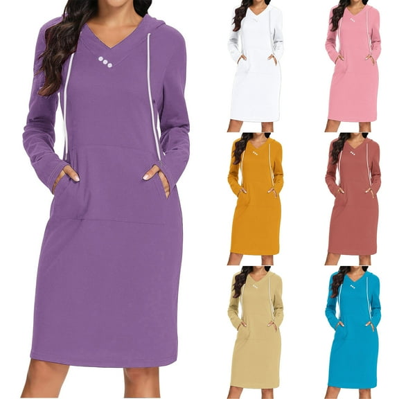 BiZtdJrK V Neck Sweatshirt Dress Women Drawstring Long Sleeve Hooded Midi Dresses Loose Fit Casual Hoodie Pullover with Pocket Beige L