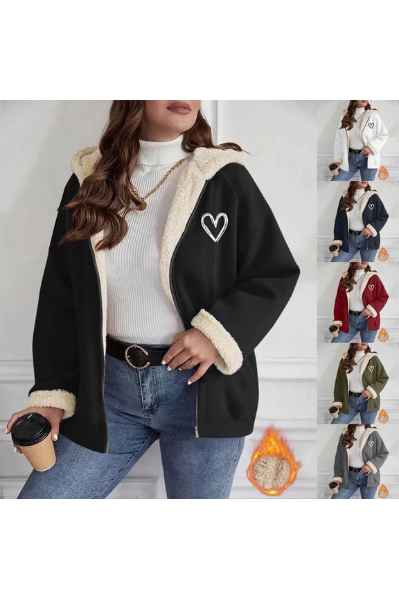 Valentine's Day Sweatshirt Jackets for Women Heart Print Long Sleeve Zip Up Hoodie Jacket Fleece Lined Comfy Casual Hooded Outerwear with Pockets Navy M