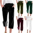 thumbnail image 1 of BiZtdJrK Velvet Comfy Sleeping Pants for Women Casual Drawstring Cropped Trousers Loose Straight Leg Capri Pants with Pockets, White, XL, 1 of 7