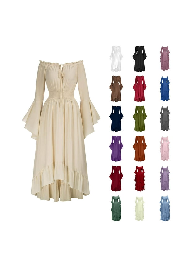 Victorian Dress for Women Bell Long Sleeve Tie Front Medieval Dresses Vintage Elegant Cocktails Party Dress Beige S