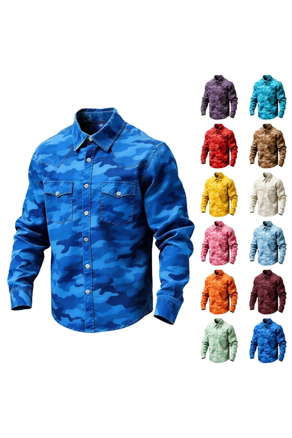 Vintage Camouflage Collared Shirts for Men Casual Button Down Long Sleeve Cargo Shirt with Chest Pockets Red XXXXXL