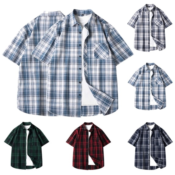 BiZtdJrK Vintage Plaid Shirts for Men Summer Short Sleeve Blouse Tops Loose Casual Button up Lapel Shirt with Pocket Red L