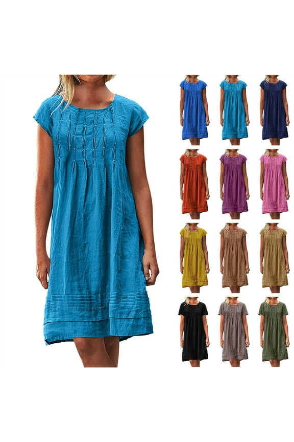 BiZtdJrK Vintage Summer Cotton Linen Dress for Women Casual Cap Sleeve Ruched T Shirts Dress Loose Fit A-Line Beach Sundress Orange XL Lightning Sales Today