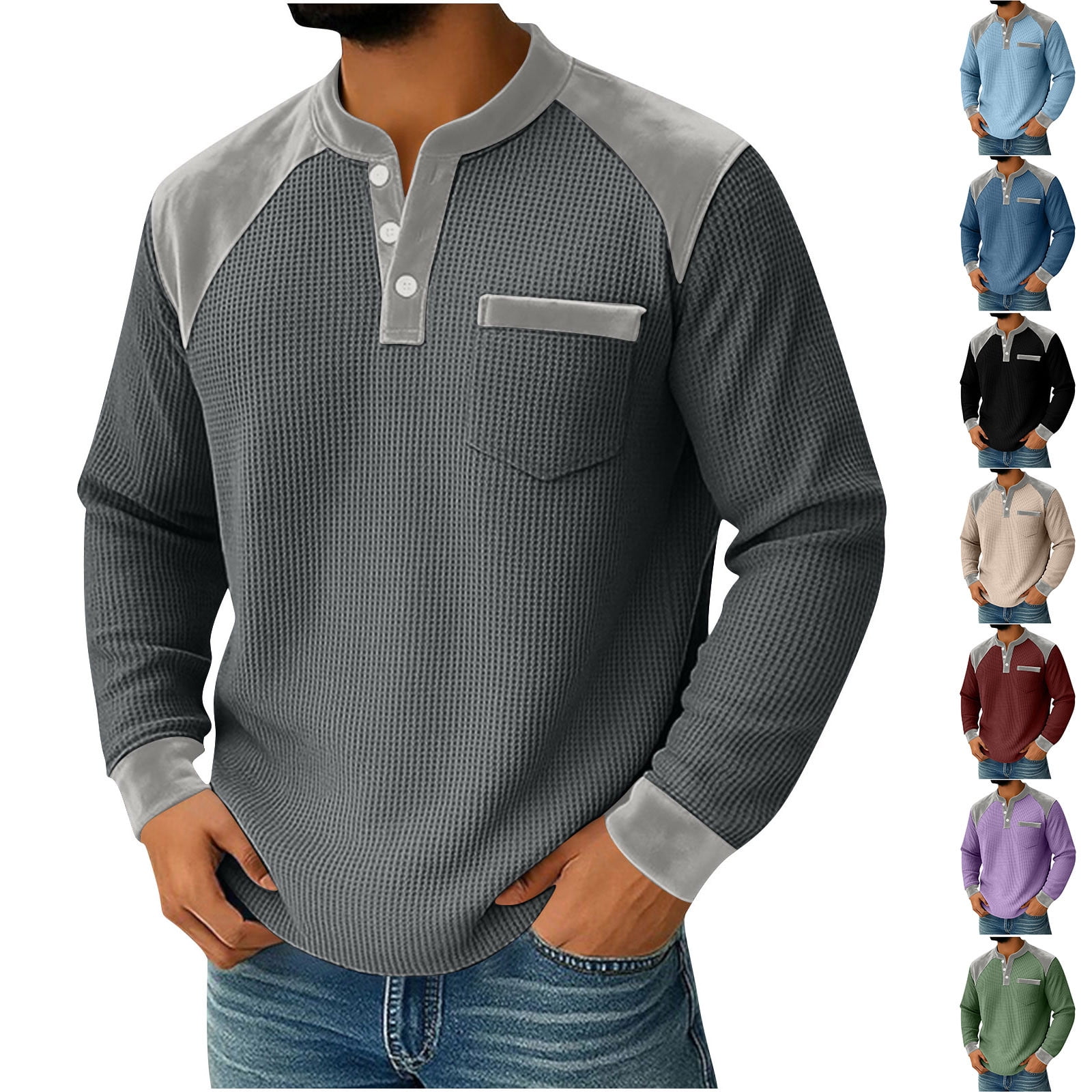 BiZtdJrK Waffle Knit Henley Shirts for Men Long Sleeve Casual 3 Button ...