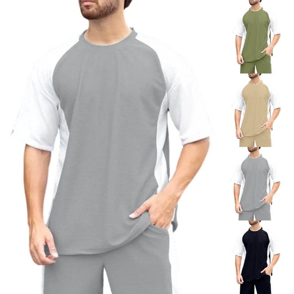 BiZtdJrK Waffle Knit T Shirts for Men Color Block Short Sleeve Crew Neck Casual Tee Tops Loose Fashion Summer T Shirt Army Green XXL