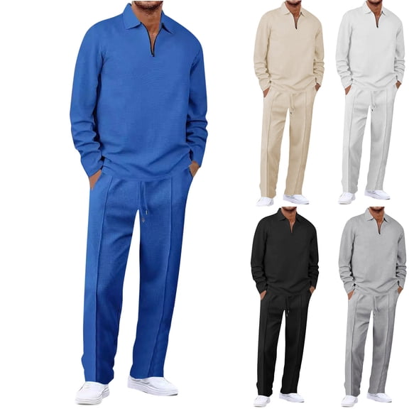 BiZtdJrK Waffle Sweatsuit for Men 2 Piece Jogging Outfits Quarter Zip Lapel Athletic Long Sleeve Sweatshirt and Drawstring Sweatpants Tracksuit Sets Black S Sales Today