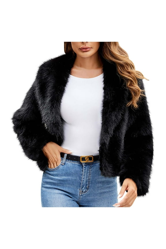 Warehouse Sales Today Women Faux Fur Jacket Cropped Plus Size Open Front Cardigan Coats Long Sleeve Fuzzy Fluffy Winter Warm Teddy Jackets Black 3XL