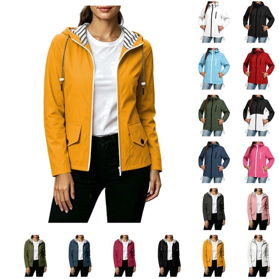 BiZtdJrK Water Resistant Hooded Rain Jacket Women Drawstring Striped Lined Hooded Fashion Hiking Raincoats Long Sleeve Full Zip Outdoor Windbreaker Jackets with Flap Pockets Army Green M