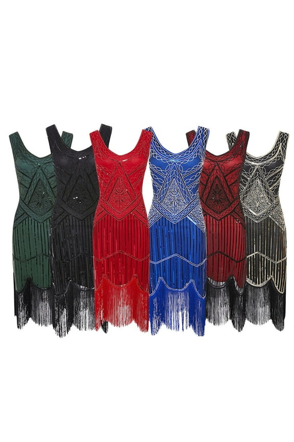 Wedding Guest Dresses for Women Trendy Sequin Fringed Cocktail Dress Vintage Flapper Evening Party Dress Sleeveless V Neck Tassel Dresses Lightning Sales Wine XXL