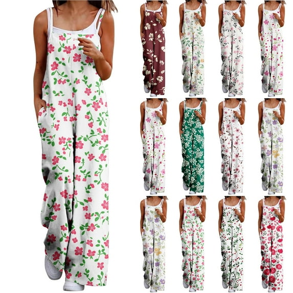BiZtdJrK Weekly Sales, Womens Cotton Jumpsuits Sleeveless Spaghetti Strap Rompers Vintage Print Baggy Overalls Casual Onesie Wide Leg Pant with Pockets Green S