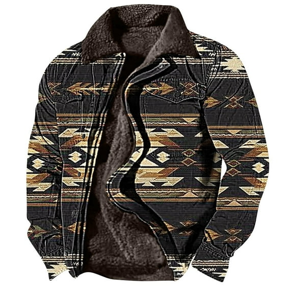 BiZtdJrK Western Jackets for Men Aztec Vintage Print Jackets Fleece Lined Long Sleeve Coats Casual Zipper Winter Warm Jacket Coats Clearance Items Black XXL