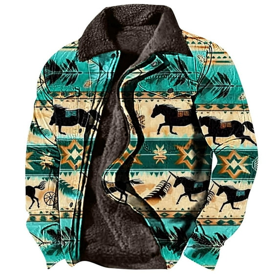BiZtdJrK Western Jackets for Men Aztec Vintage Print Jackets Fleece Lined Long Sleeve Coats Casual Zipper Winter Warm Jacket Coats Prime Big Sale Days Sky Blue M
