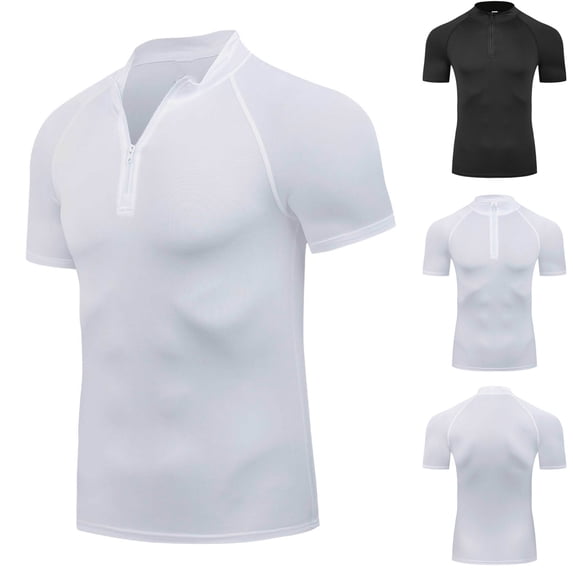 BiZtdJrK White Men's Compression 1/4 Zipper T Shirts Summer Short Sleeve Polos Shirts Solid Color Casual Breathable Quick Dry Sport Tops L