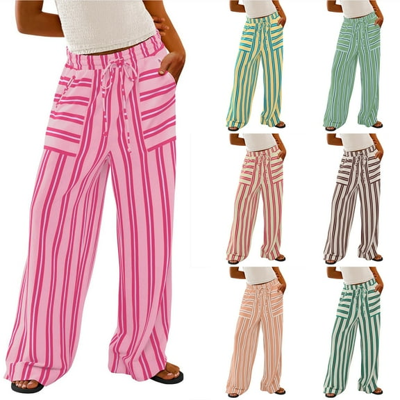 BiZtdJrK Wide Leg Pants for Women Fashion Stripe Palazzo Pants Casual Drawstring High Waisted Sweatpants Outdoor Loose Fit Linen Pants with Pockets Red S