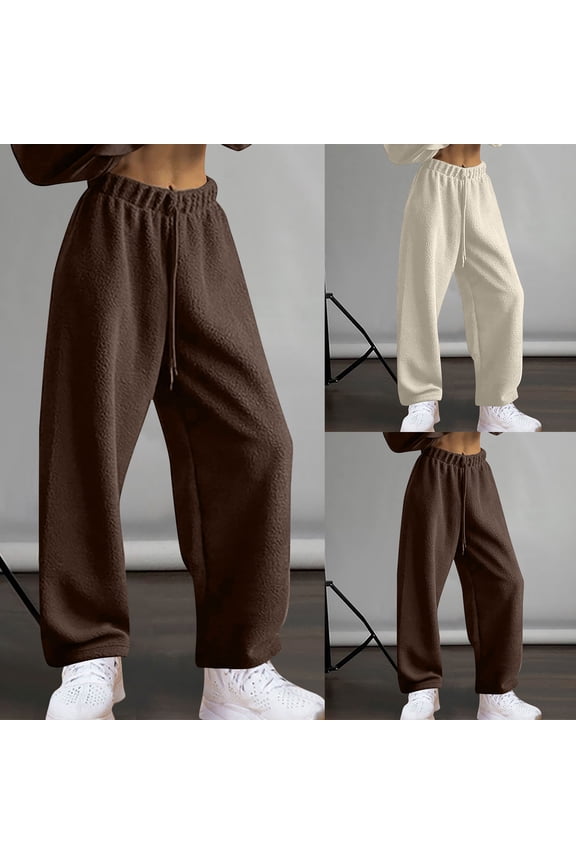 Wide Leg Sweatpants for Women Teddy Fleece Drawstring Elastic Waist Casual Sweatpants Baggy Fashion Street Sweat Pant Brown L