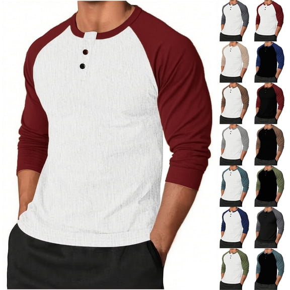 BiZtdJrK Wine Mens Casual Slim Fit Muscle T-Shirt Color Block Button Up Henley Shirts Raglan Long Sleeve Baseball Tees Tops L