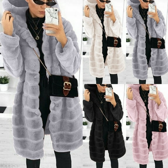 BiZtdJrK Winter Clothes for Women Warm Faux Fur Jacket with Hood Solid Casual Open Front Fuzzy Fleece Coats Best Sales Today Beige L