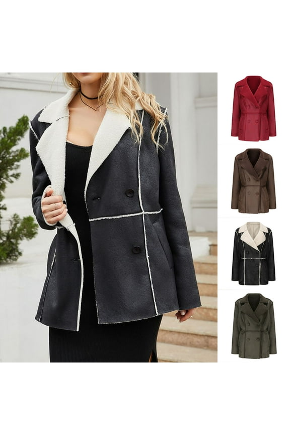 Winter Coats for Women Casual Faux Suede Leather Jacket Warm Fuzzy Sherpa Lined Button Down Cardigans with Pockets Ofertas Flash Army Green S