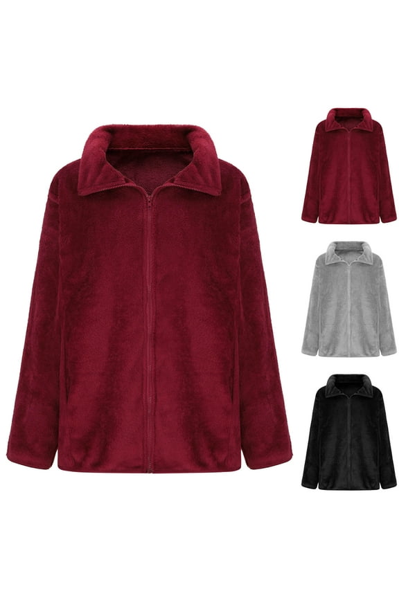 Winter Coats for Women Casual Full Zip Fleece Jackets Solid Color Lapel Plush Jacket with Pockets 2025 Fall Clothes Daily Sales Clearance Gray L