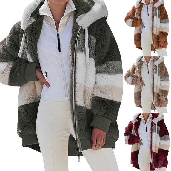 BiZtdJrK Winter Coats for Women 2025 Trendy Fleece Jacket Long Sleeve Faux Fur Coat Fuzzy Sherpa Jacket Long Coat with Hood Lightning Sales Wine M