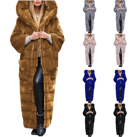 BiZtdJrK Winter Coats for Women Long Faux Fur Comfortable Hooded Jacket Solid Color Open Front Fuzzy Fleece Overcoat with Pockets Today Sales Gray L