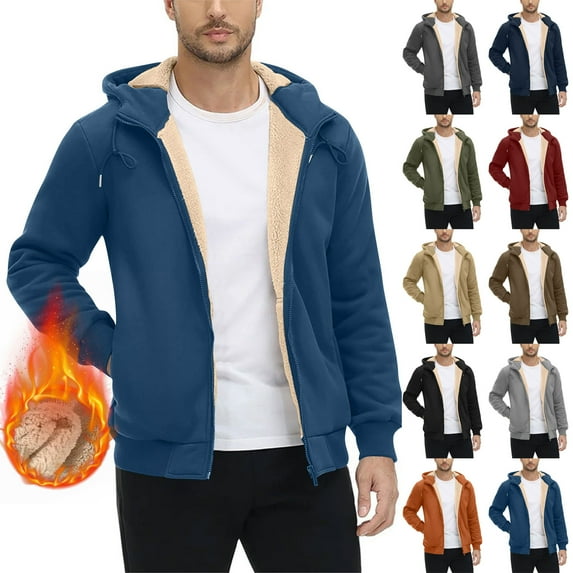 BiZtdJrK Winter Hoodies for Men Sherpa Lined Warm Hooded Jackets Solid Color Casual Full Zip Up Sweatshirts with Pockets, Khaki, XXL