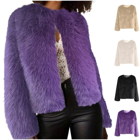 BiZtdJrK Winter Jackets for Women Long Sleeve Warm Fluffy Faux Fur Coat Solid Casual Open Front Cardigan Fleece Cropped Jacket 90% off Clearance Sale Khaki M