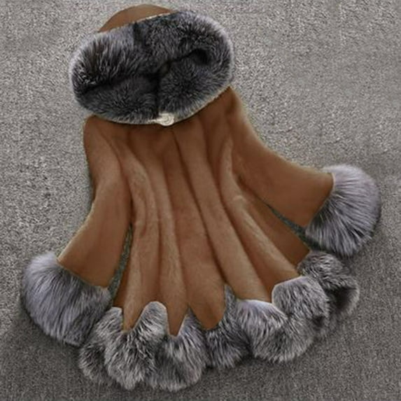 BiZtdJrK Winter Parka Coats for Women Long Sleeve Faux Fur Jacket Solid Fluffy Fleece Warm Hooded Overcoat Back to School Prime Sales Brown M