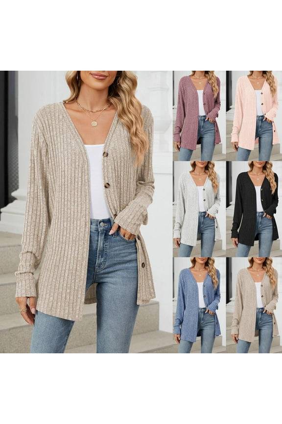 Cardigan Sweaters for Women Button Open Front Ribbed Knit Sweater Outwear Casual Solid Color Long Sleeve Cardigans Khaki XL