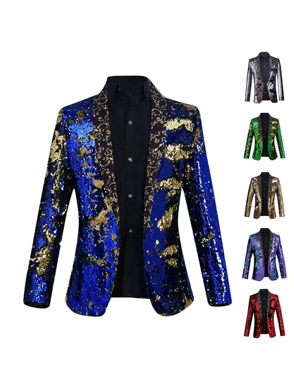 Sequin Blazer Jackets Mens Long Sleeve Button Lapel Suit Coat Elegant Luxury Shiny Tuxedo for Wedding Party Prom Gold L