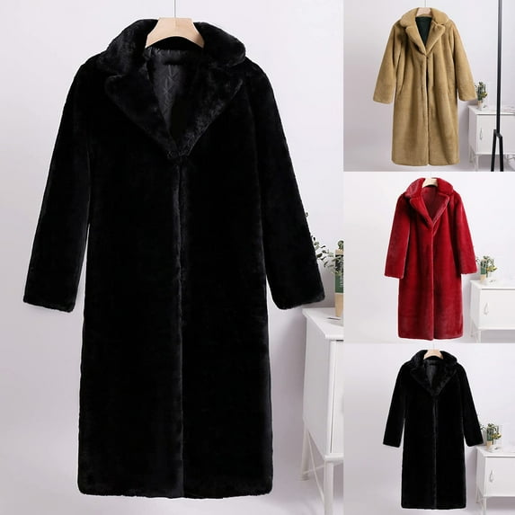 BiZtdJrK Winter Savings Womens Faux Fur Coat Winter Warm Thickened Trench Coats Plush Open Front Fleece Cardigan Jackets Solid Color Long Overcoat Black M