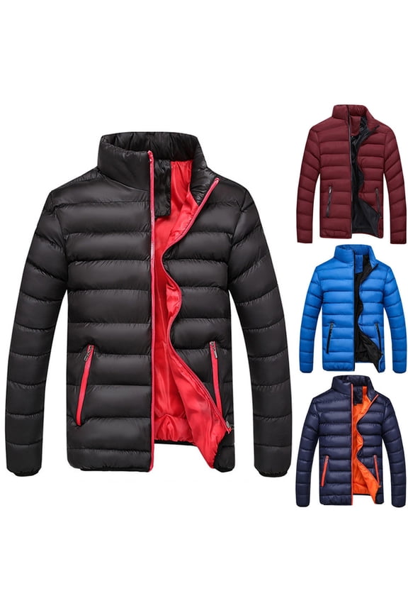 Winter Warm Down Coats for Men Full Zip Quilted Puffer Jacket Big and Tall Stand Collar Long Sleeve Thicken Outerwear with Zipper Pockets Blue XXXXL
