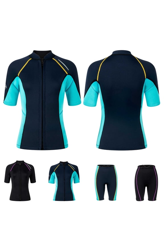 BiZtdJrK Women 1.5mm Wetsuit Front Zipper Diving Shirt Short Sleeve Swim Tops Beach Surfing Suit, Black, M