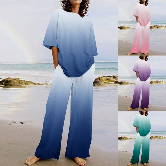 BiZtdJrK Women 2 Piece Set Casual Short Sleeve Pullover Shirts and Wide Leg Pants Lounge Set 2025 Trendy Gradient Print Going Out Outfits with Pockets Limited Time Sales of the Day Pink 3XL