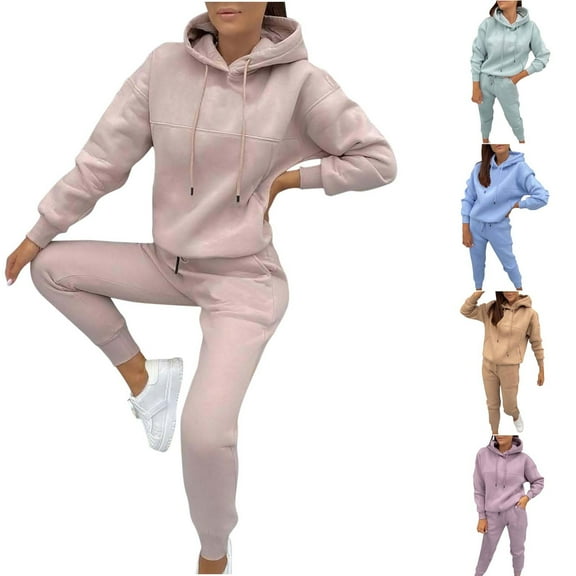 BiZtdJrK Women 2 Piece Sets Fall Winter Outdoor Long Sleeve Hoodie and Drawstring Sweatpant Tracksuit Solid Casual Pullover Sweatshirt Harem Trousers Jogger Outfits Pink L