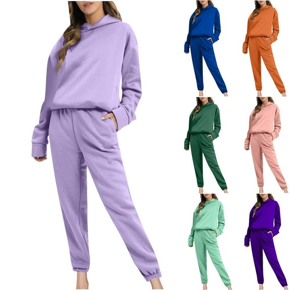 BiZtdJrK Women 2 Piece Sweatsuits Long Sleeve Hooded Pullover Matching Jogger Pants Tracksuit Fall Winter Casual Sweatshirt Trousers Lounge Sets Daily Sales of the Day Mint Green L