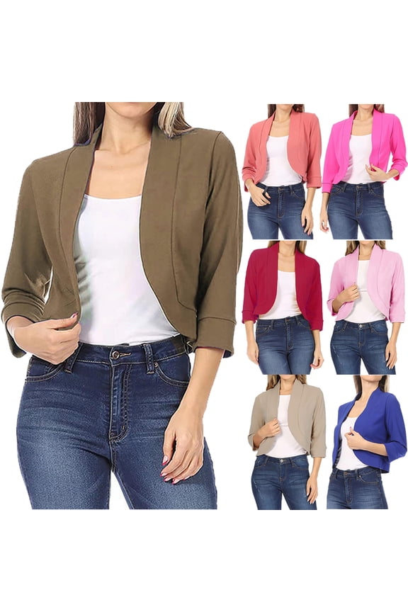 Women 3/4 Sleeve Blazer Open Front Cardigan Jacket Solid Color Work Office Blazers Cropped Tops 2025 Business Casual Outfits 50% Percent off Sales Today Pink 3XL
