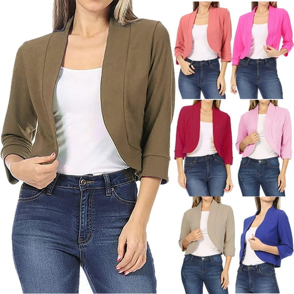 BiZtdJrK Women 3/4 Sleeve Blazer Open Front Cardigan Jacket Solid Color Work Office Blazers Cropped Tops 2025 Business Casual Outfits Back Packs Sales for School Blue 3XL