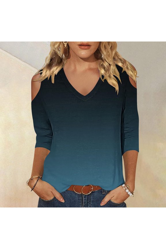 Women 3/4 Sleeve Gradient Tops Loose Clod Shoulder V Neck Blouse Trendy Summer T Shirts Blue XXL
