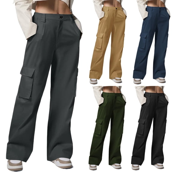BiZtdJrK Women Baggy Cargo Pants High Waist Straight Leg Casual Pant Fashion Street Trousers with Multi Pockets Khaki L
